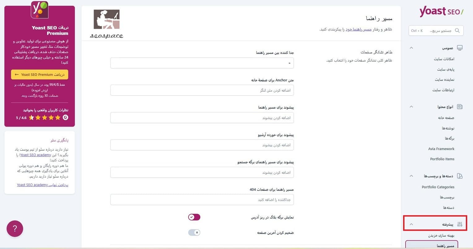 تنظیمات یوست سئو - بخش پیشرفته